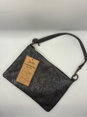 Justin Boots Black Embossed Tooled Convertible Wristlet/Shoulder Bag